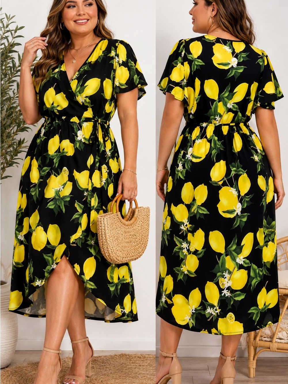 Scobe Lemon Print Wrap Dress Size 2X Citrus Mediterranean Vacation Midi Novelty